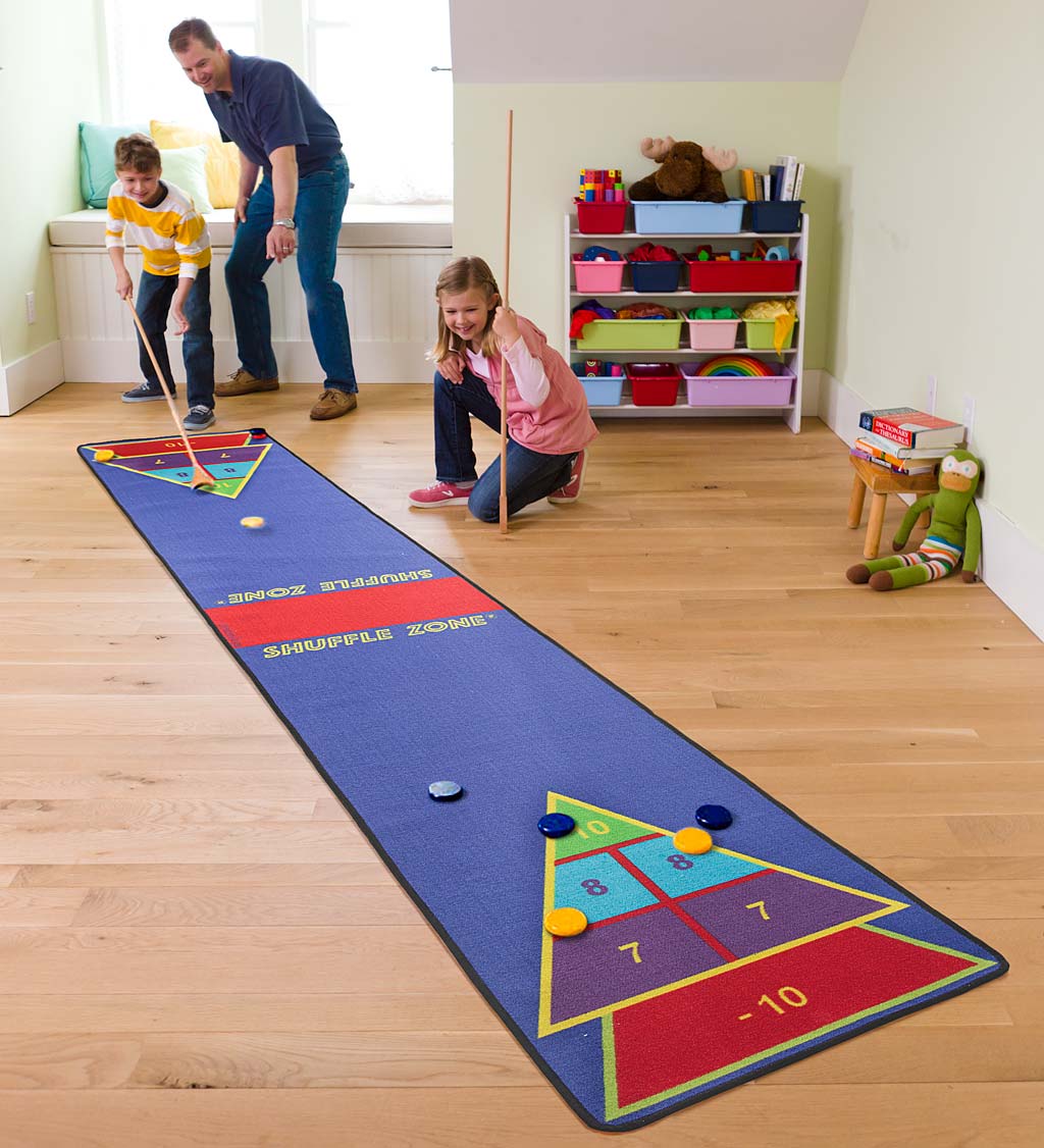 Shuffle Zone Shuffleboard Family Game with Carpet Mat and Wooden Cues and Pucks