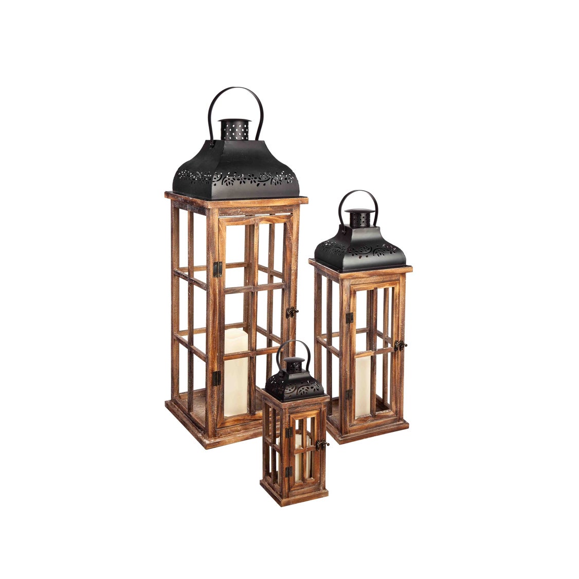 Set of 3 Nested Wood and Metal Lanterns w LED Candle