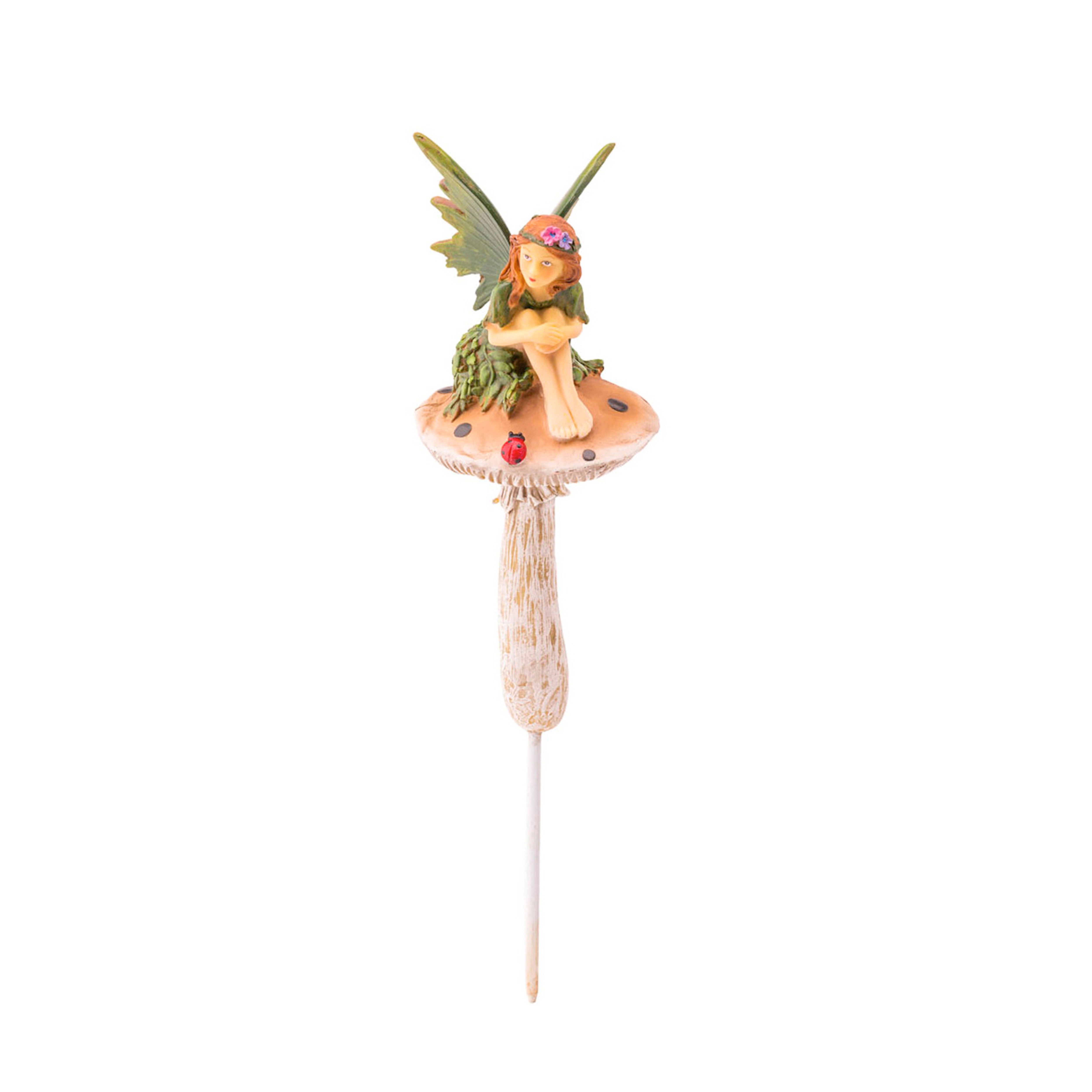 Fairy On Mushrooms with Ladybug Garden Stakes