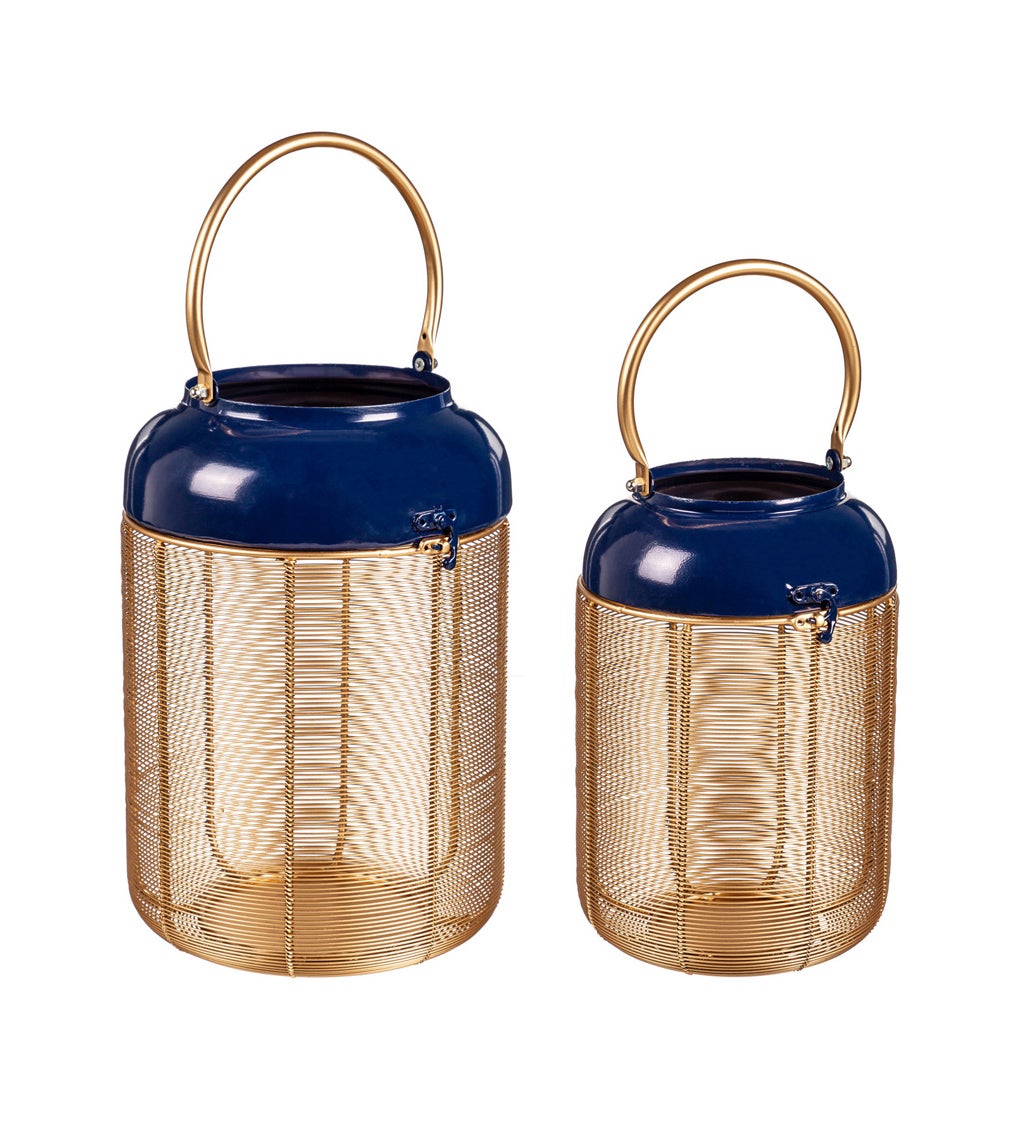 Metal Blue and Gold Lantern with Handle Set of 2
