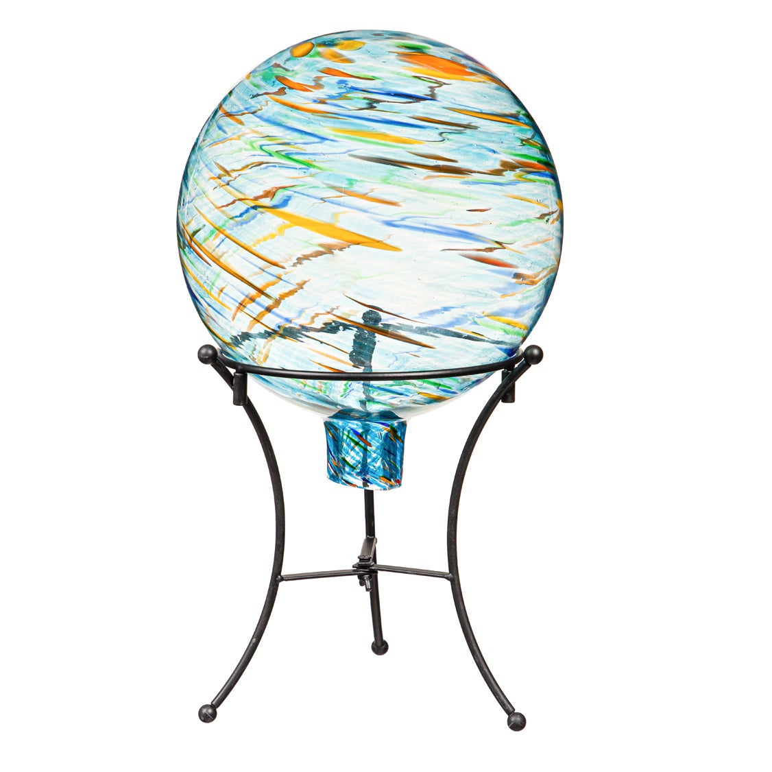 10" Art Glass Turquoise Swirl Gazing Ball with Stand