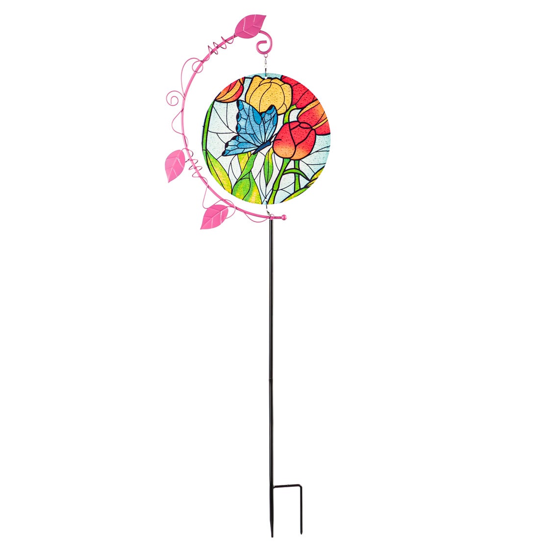 46"H Stained Glass Spinner Garden Stake, Butterfly and Red Tulips