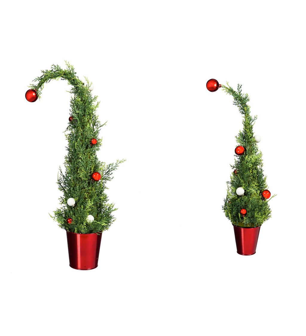 Holiday Tree with Ornaments in Red Metal Pot, Set of 2