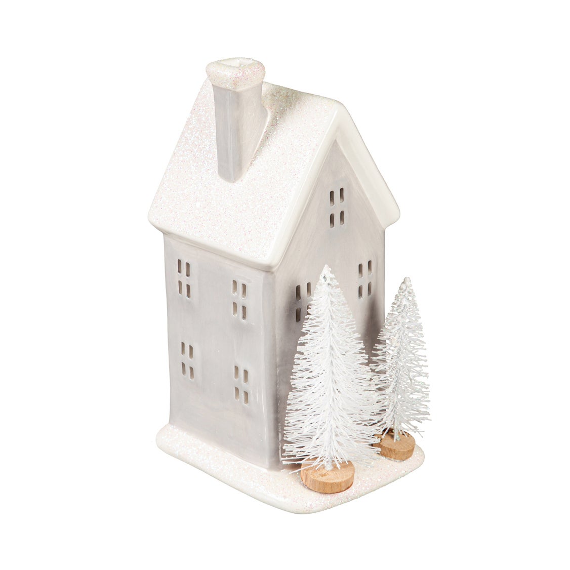 8" LED Ceramic House with White Bottlebrush Trees Table Decor