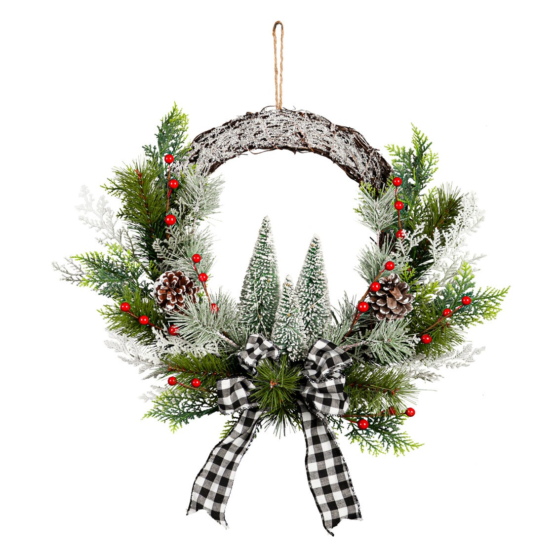 Lighted Bottle Brush Tree Wreath with Checkered Bow