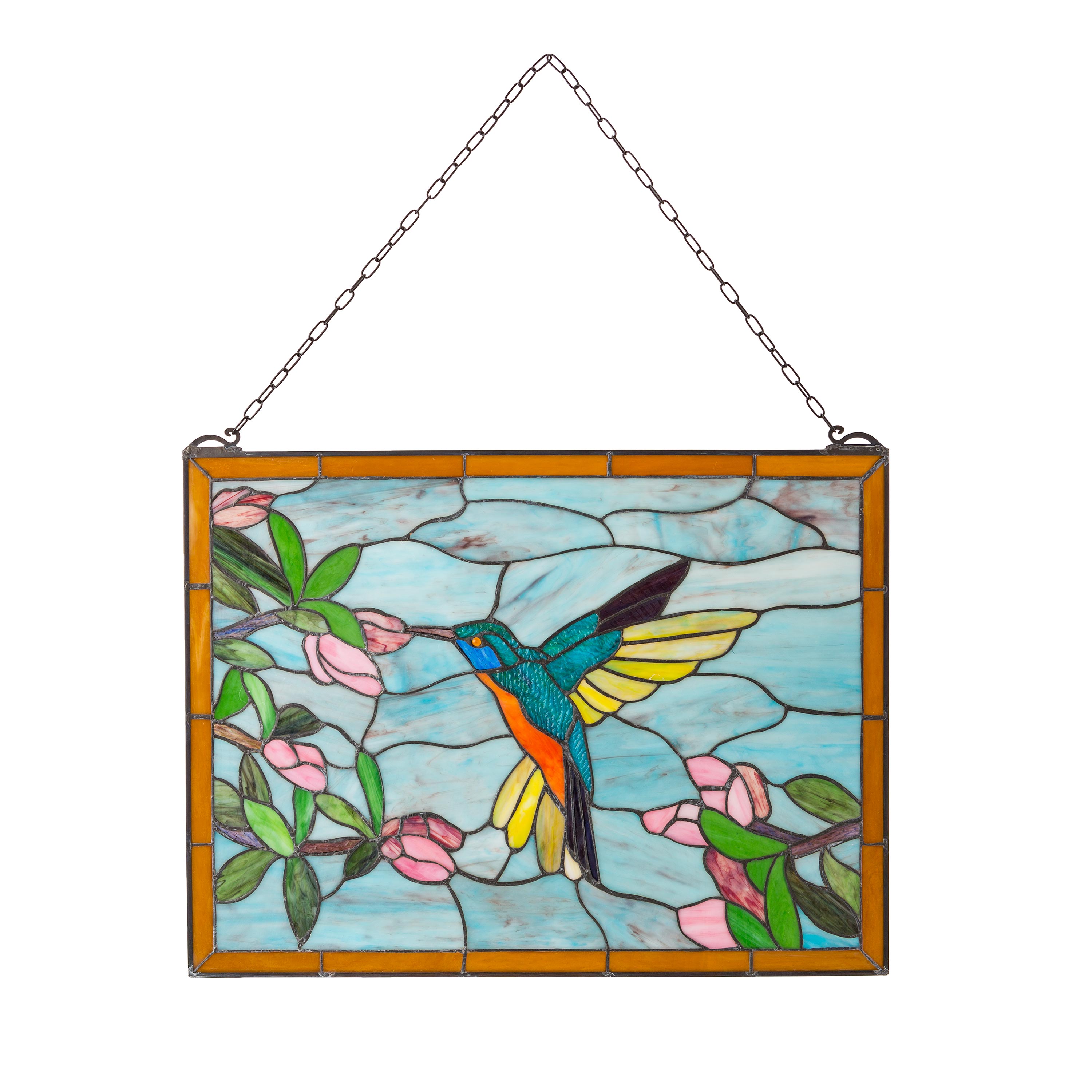 Stained Glass Hummingbird Window Panel with Metal Frame and Chain
