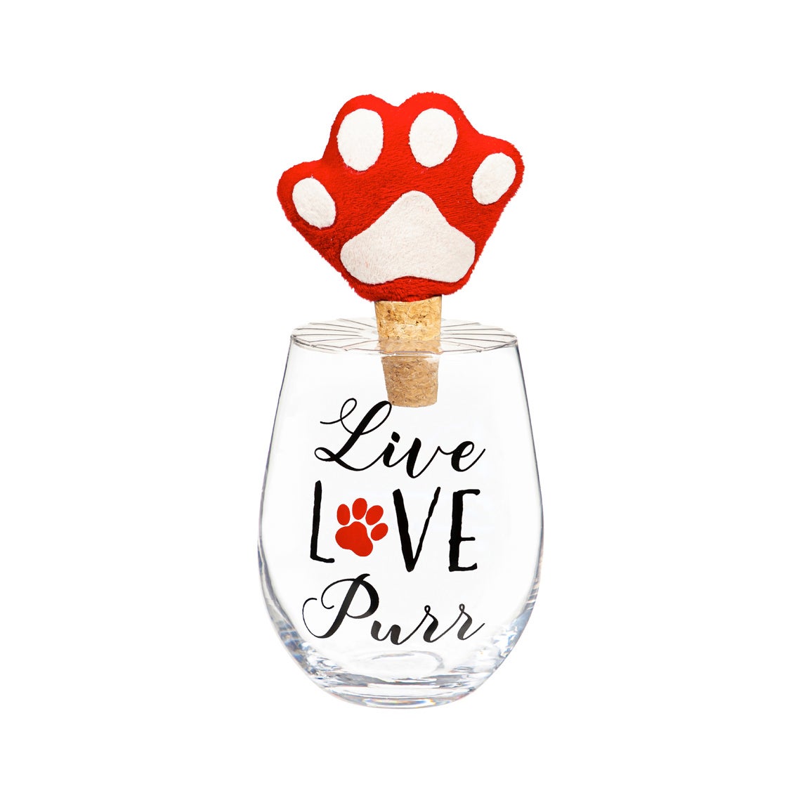 Live, Love, Purr Stemless Glass with Paw Print Stopper Gift Set, 17 oz.
