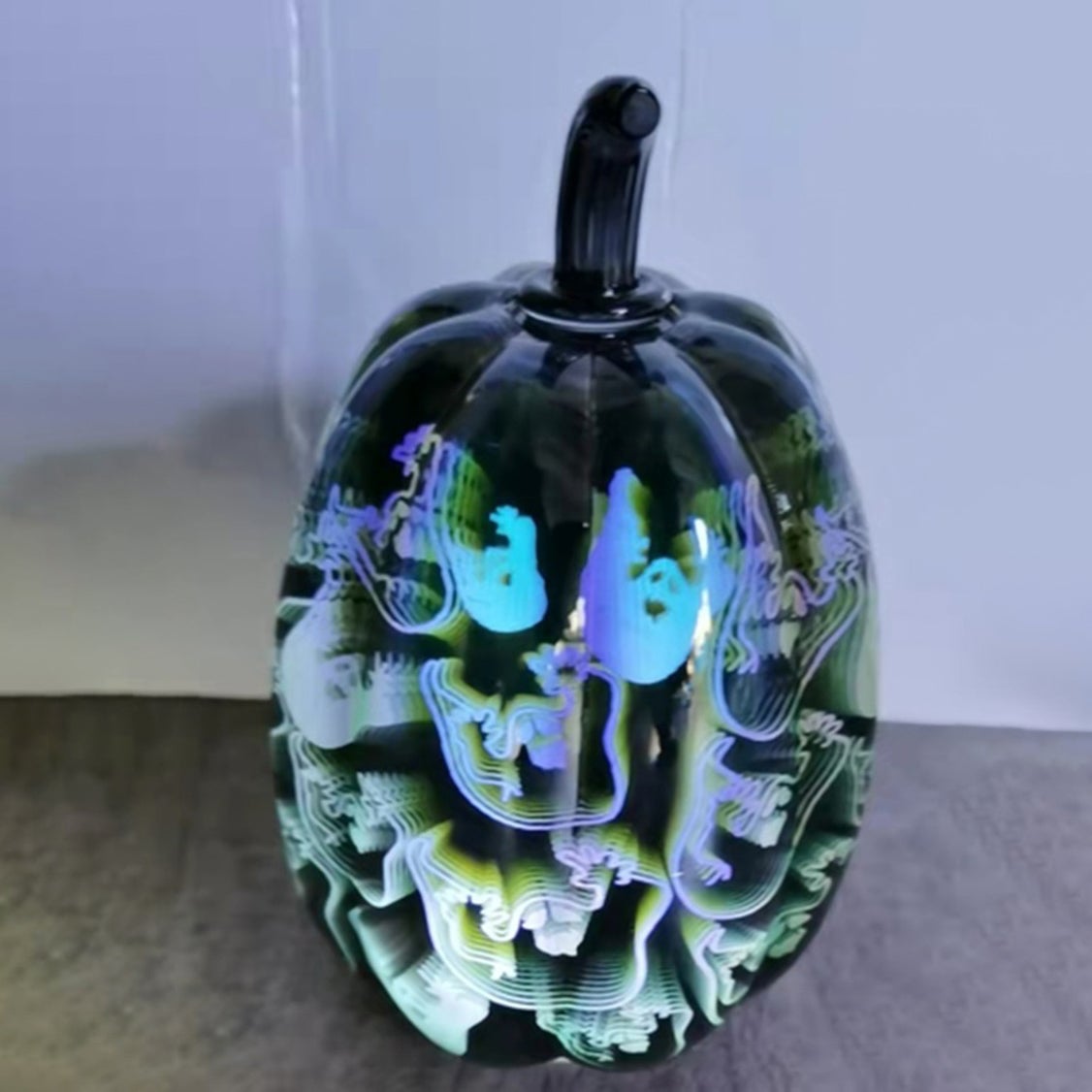 8" LED Glass Pumpkin Ghost Black