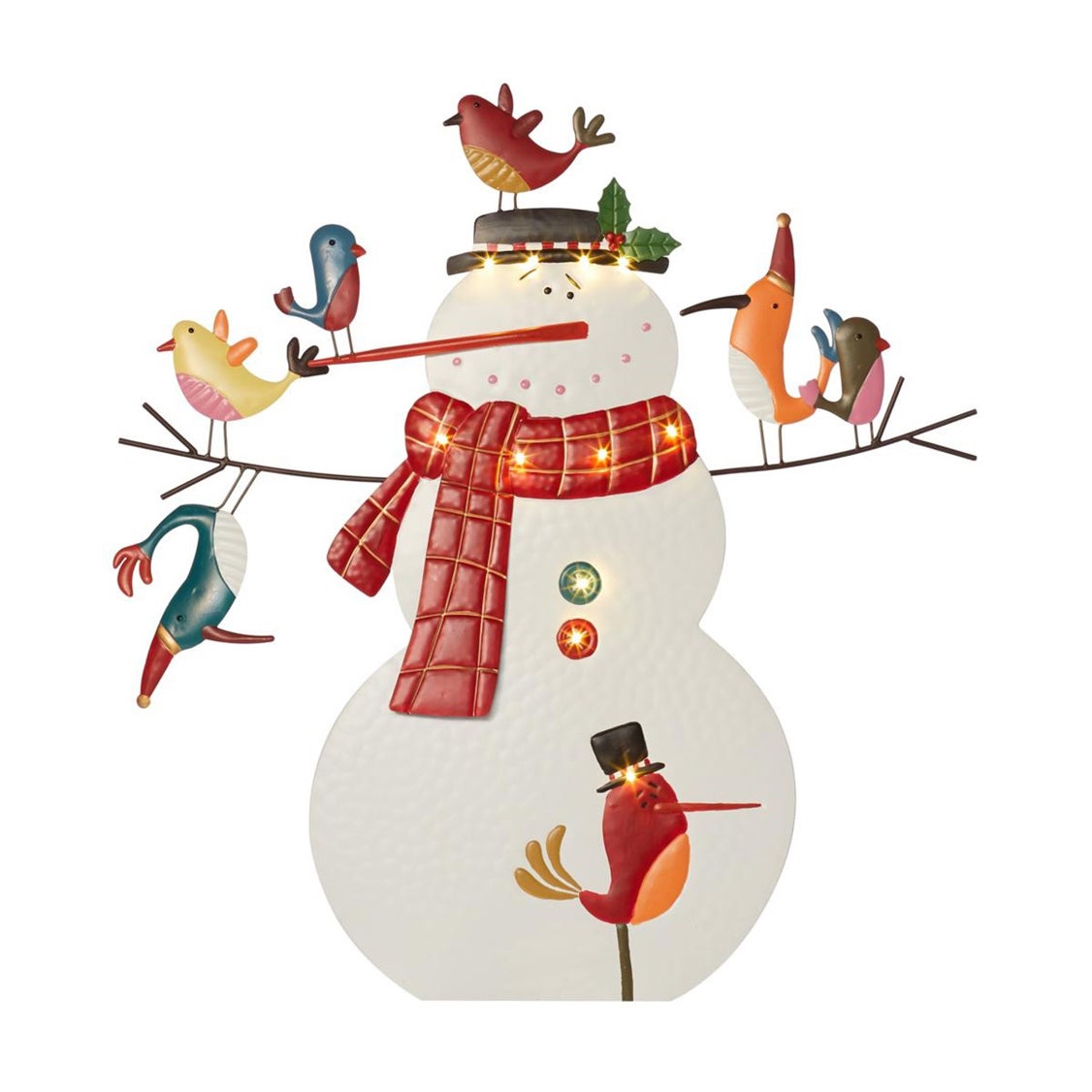 Lighted Metal Snowman With Birds