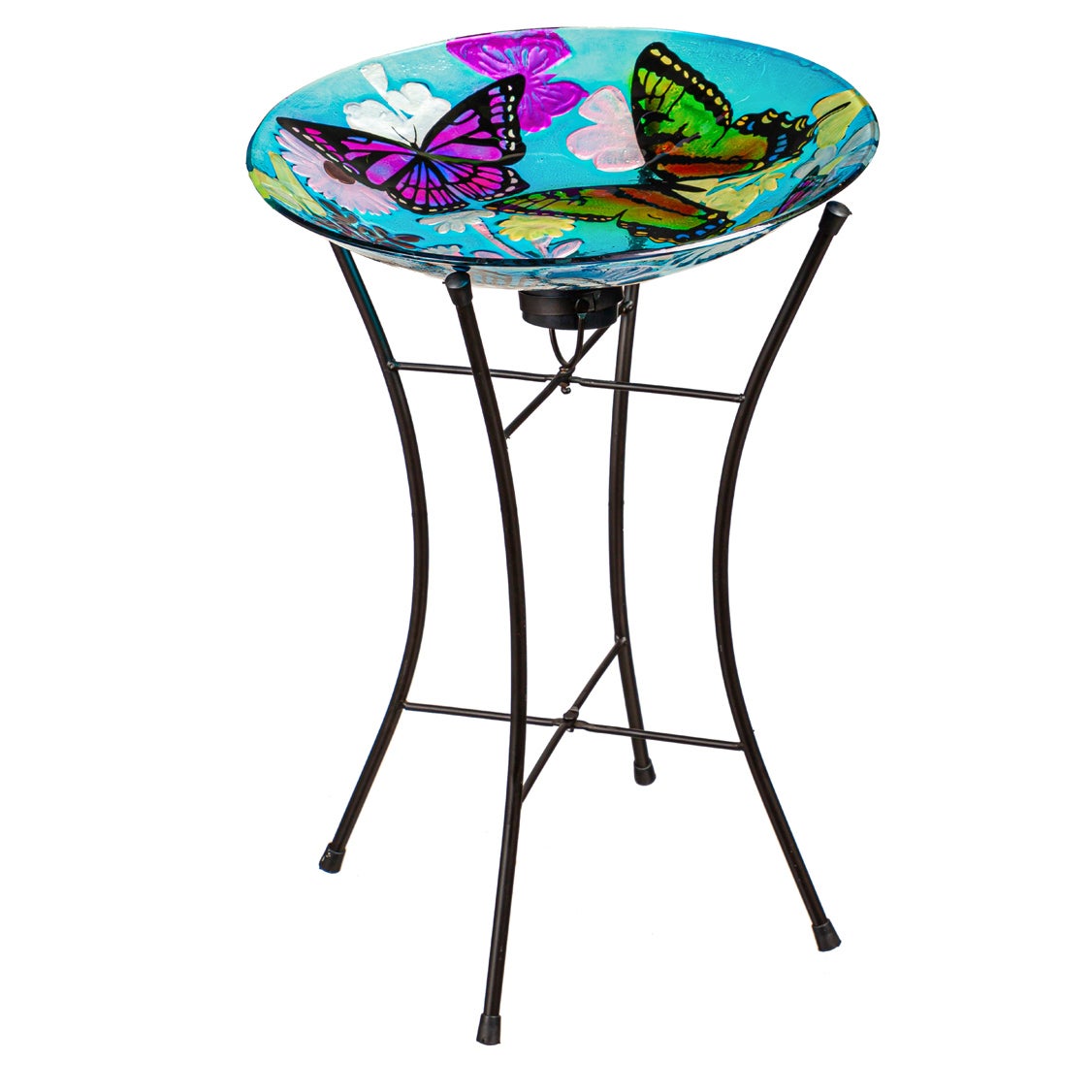 15" Bountiful Butterfly Hand Painted Embossed Glass Bird Bath with Solar Stand