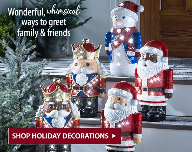 Image of Shorty Santa, Snowman, Nutcrackers. Wonderful, whimsical ways to greet family and friends. Shop Holiday Decorations