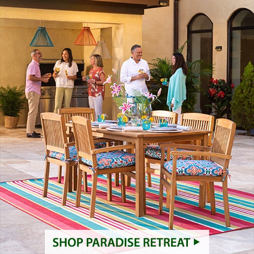 Image of Teak Dining Set with Striped Rug & Talavera cushions. Shop Paradise Retreat