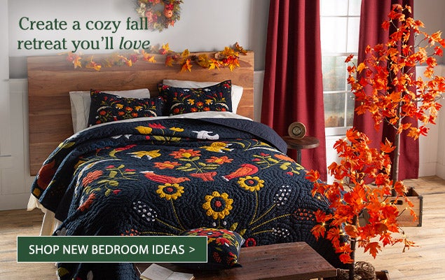 Image of Ansley Quilt, Autumn Garland, Lighted Fall Trees. Create a cozy fall retreat you'll love.  SHOP NEW BEDROOM IDEAS