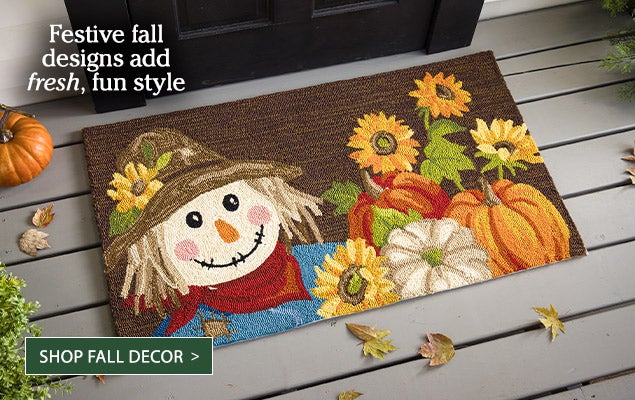 Image of Scarecrow Doormat. Festive fall designs add fresh, fun style. SHOP FALL DECOR