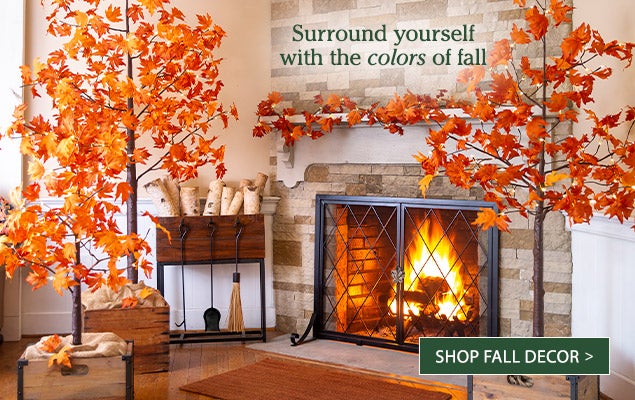 Image of Fall Red Maple Trees & Garland. Surround yourself with the colors of fall.  SHOP FALL DECOR