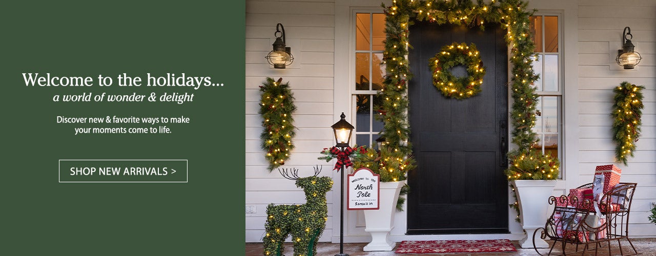 Image of Blue Ridge Greenery, North Pole Lamp Post, Red Sleigh, Lighted Reindeer Topiary. Welcome to the holidays…a world of wonder, delight, peace & love. Discover new & favorite ways to make your special moments come to life. SHOP NEW ARRIVALS