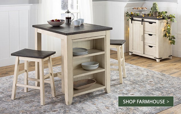 Image of Cape Charles 3-Piece Wood Dining Set with Stools and Cape Charles Barn Door Wood Storage Cabinet. Fresh Farmhouse