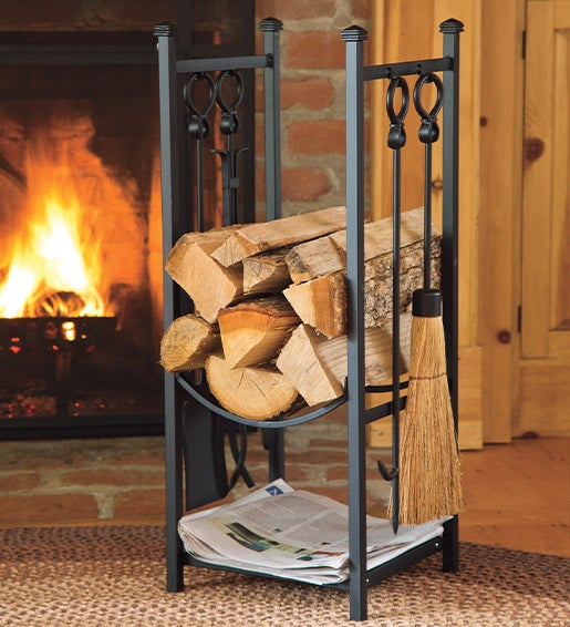 Image of Wood Rack With Fireplace Tools in Black