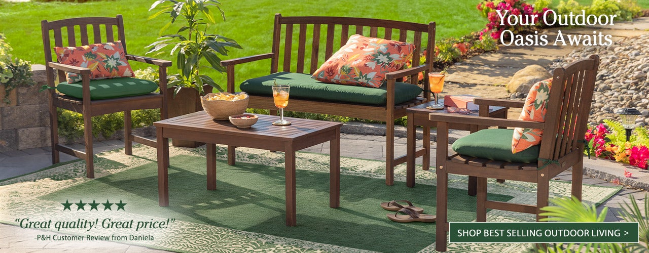 Lifestyle image of Lancaster Eucalyptus Outdoor Seating, 4-Piece Set.  Your Outdoor Oasis Awaits. SHOP BEST SELLING OUTDOOR LIVING