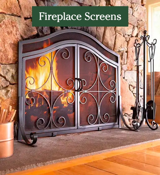Image of Crest Fireplace Screen with doors in front of fireplace