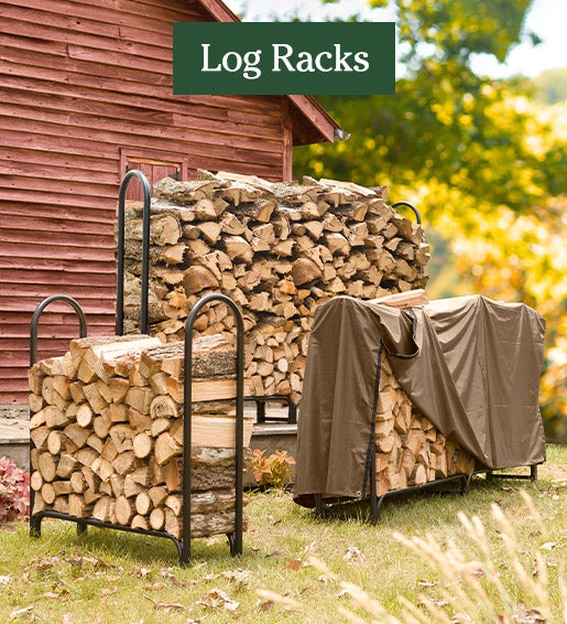 Image of Heavy-Duty Steel Log Racks and Vinyl Covers filled with cut firewood