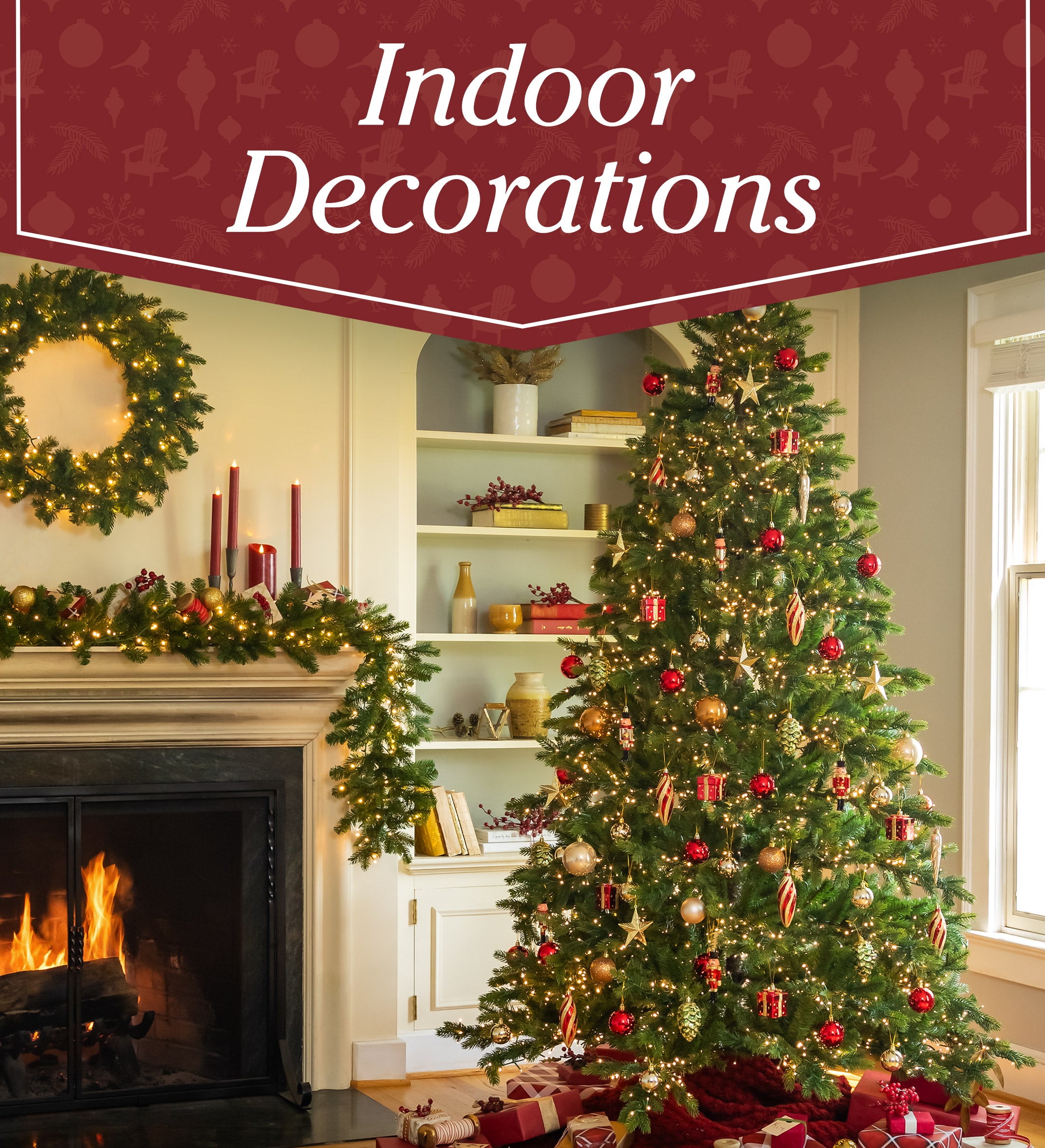 Image of Grandis Fir Christmas Tree in front of fireplace. Indoor Decorations