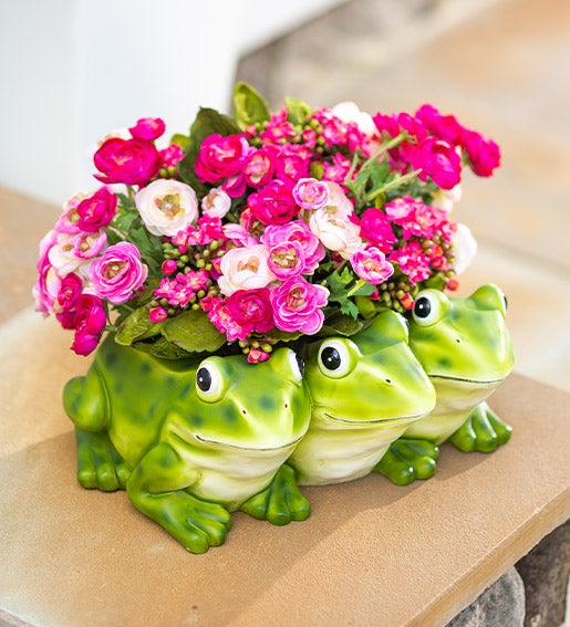 Image of a resin trio of frogs planter with flowers. Shop Decorative Planters