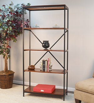 72 inch high five-shelf wood and metal bookcase in chestnut color.