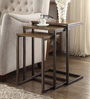 Set of 3 industrial style rectangular metal and wood nesting tables in oak finish.