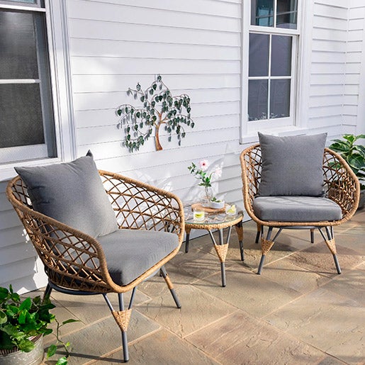 Havana wicker seating set with cushions and table, 3 piece set outdoors on a patio