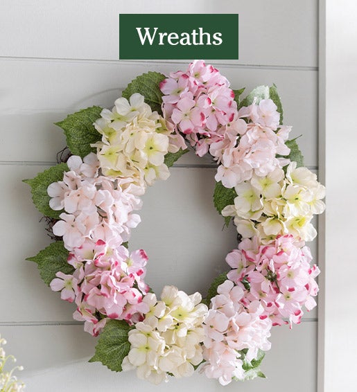 Image of Pink Hydrangea Wreath on door. Wreaths