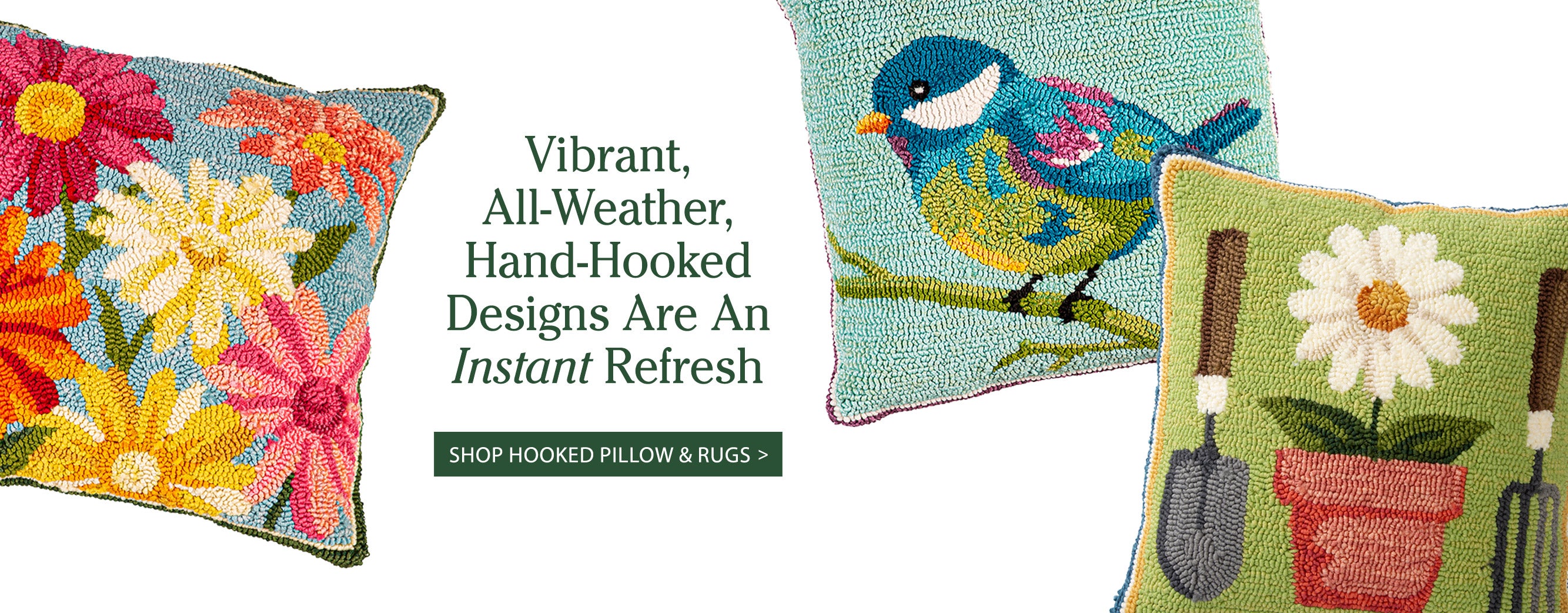 Image of three throw pillows. Vibrant, All-Weather, Hand-Hooked Designs Are An Instant Refresh SHOP HOOKED PILLOW & RUGS