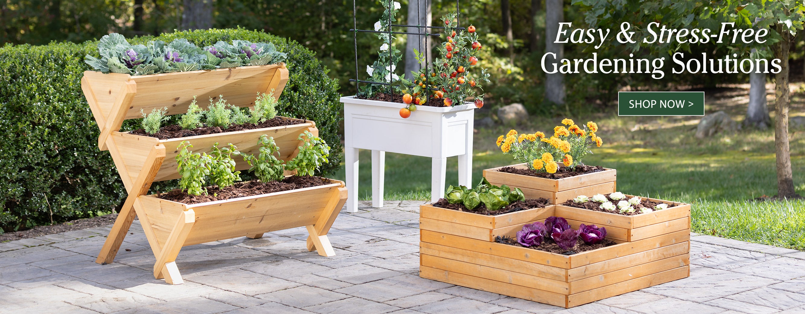 Image of three planters on patio. Easy & Stress-Free Gardening Solutions SHOP NOW