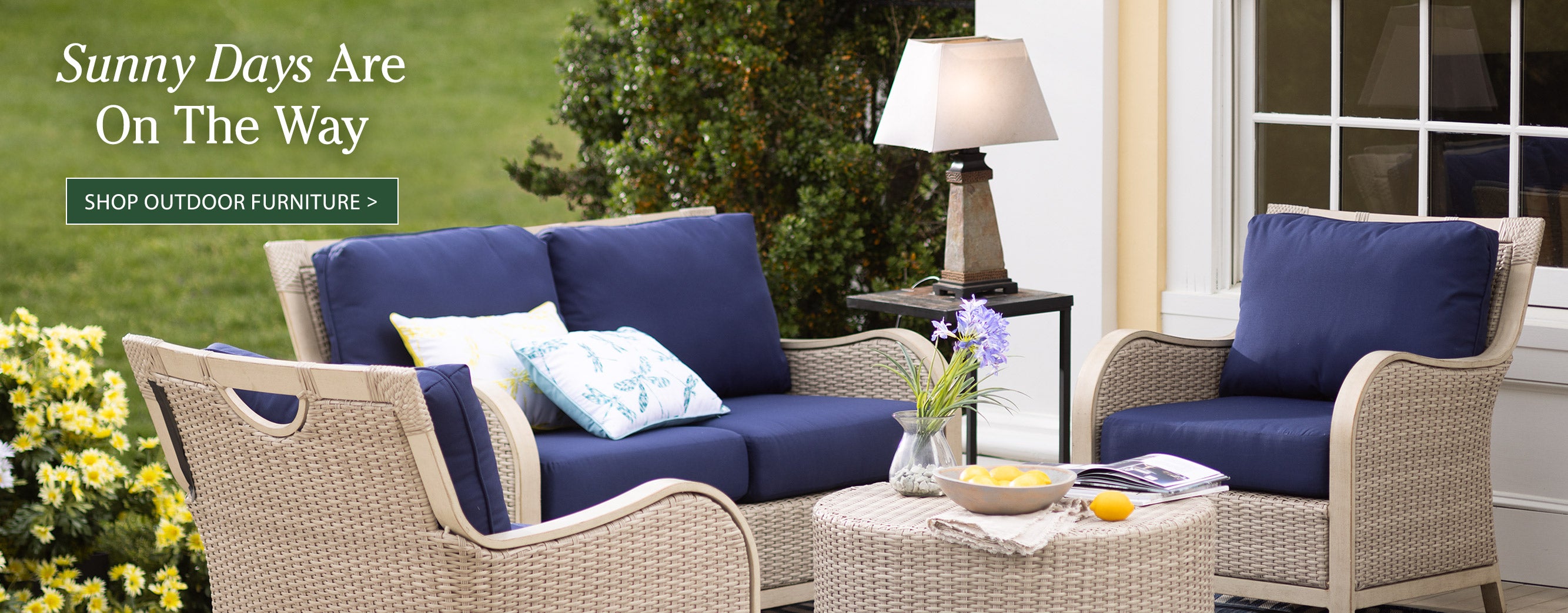Image of Urbanna Premium Wicker Four Piece Set with Luxury Cushions. Sunny Days Are On The Way. SHOP OUTDOOR FURNITURE