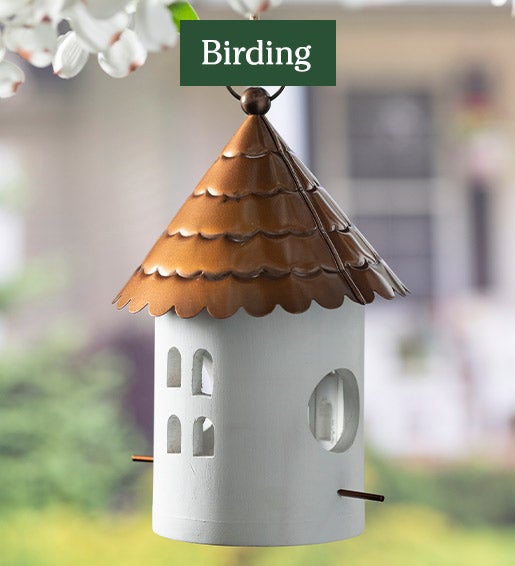 Image of Acacia Wood Round Top Hanging Birdhouse hung from tree. Birding