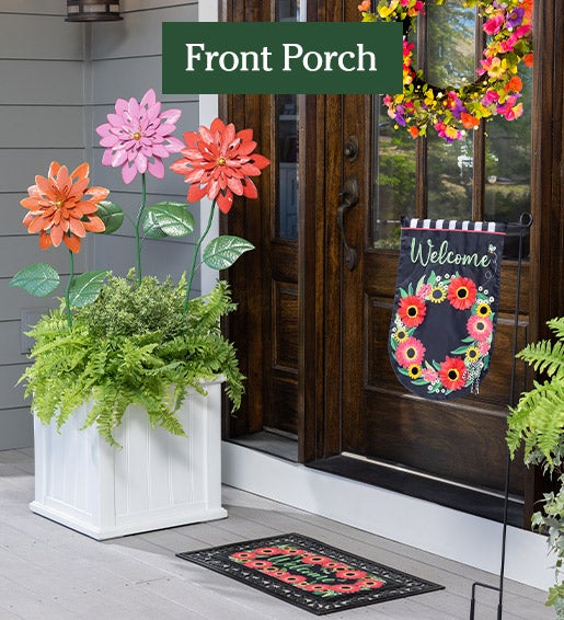 Image of Dahlia Stake, Self Watering Planters, Welcome Wreath Flag, Sassafras Bundle. Front Porch