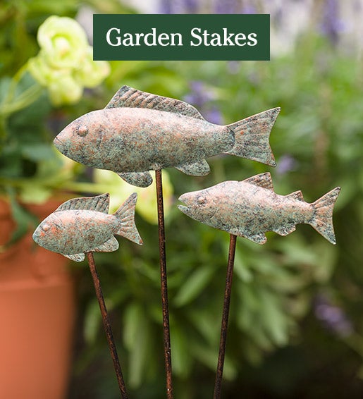Image of Verdigris Metal Fish Garden Stakes, Set of 3. Garden Stakes