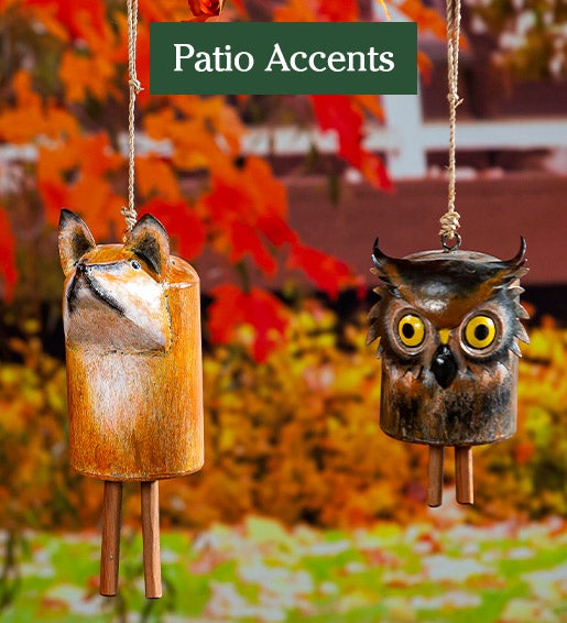 Image of Forest Animals Metal Garden Bells Fox and Owl. Patio Accents