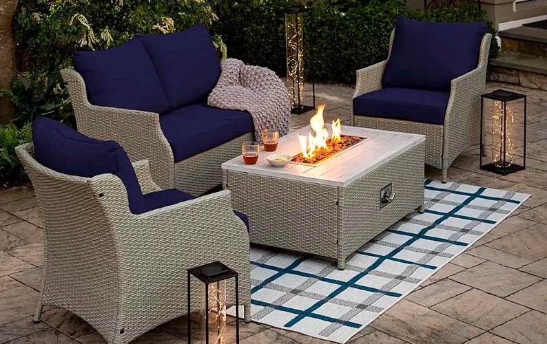 Image of Little River Outdoor Wicker Love Seat with Propane Fire Pit Table, 2-Piece Set - Love Seat at dusk