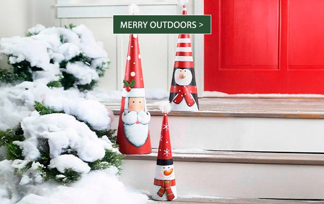 Image of Metal Cone-Shaped Holiday Characters, Set of 3 on front steps. MERRY OUTDOORS