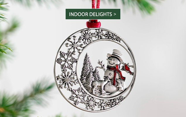 Image of Snowman Solid Pewter Christmas Tree Ornament. INDOOR DELIGHTS