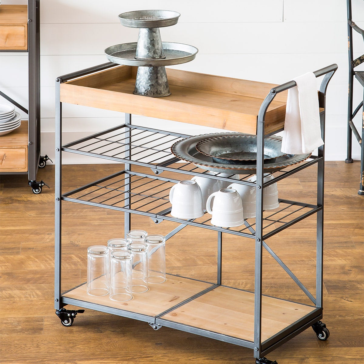 Folding Metal and Wood Serving Cart with Wheels