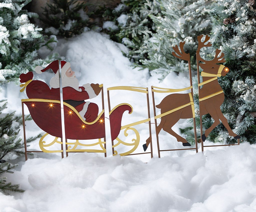 Santa, Sleigh and Reindeer Lighted Landscape Panel Stakes