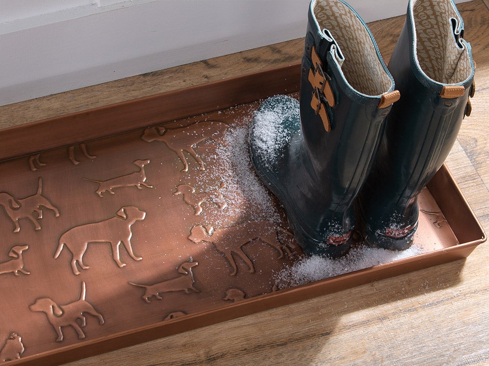 Dark Copper-Colored Metal Boot Tray with Embossed Tree of Life