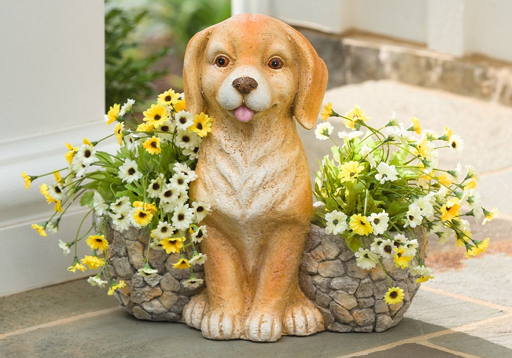 Faux Stone Dog Statue Double Planter