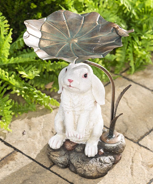 Stone-Look Bunny Birdbath with Metal Leaf Basin