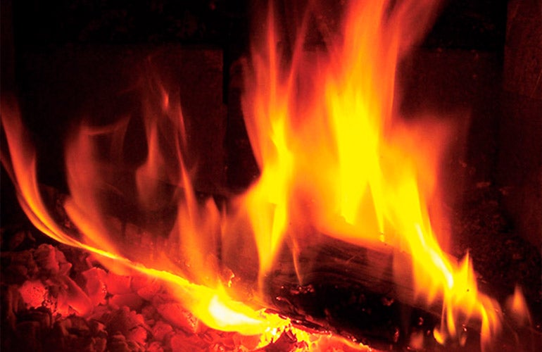lit fire in fireplace