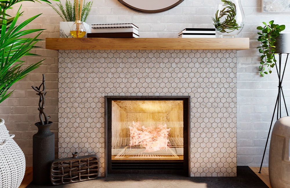 fireplace with hexagonal tiles