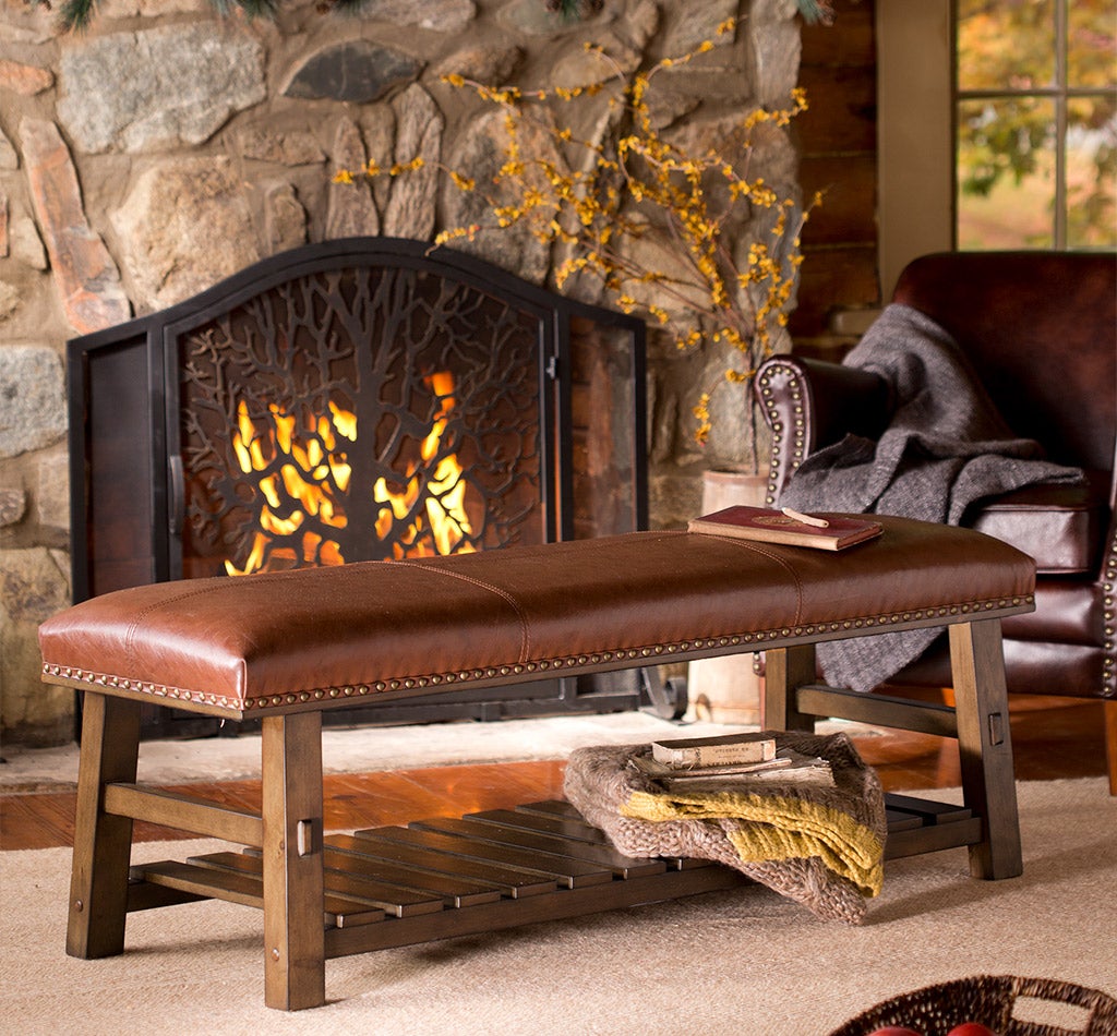 Canyon Brown Leather and Wood Bench with Slatted Bottom Shelf