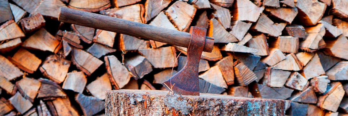 axe on log with cut wood